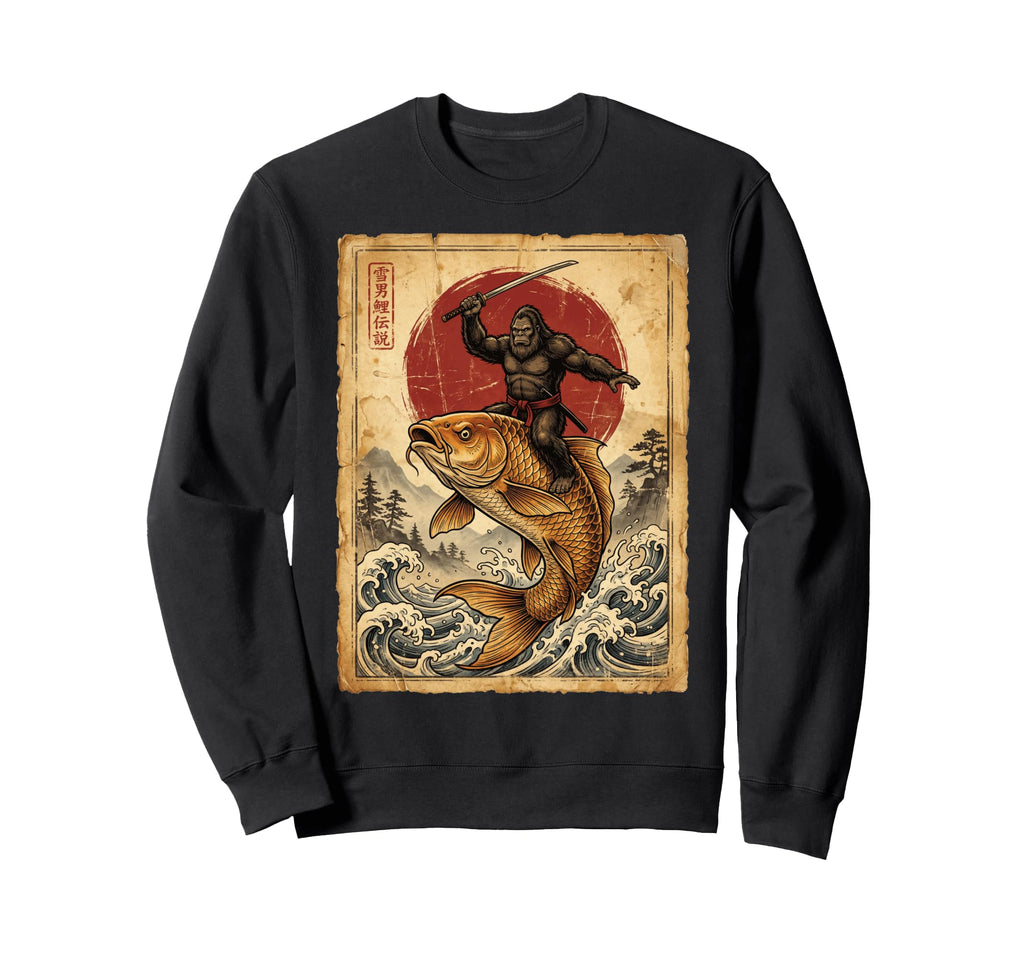 Bigfoot Sasquatch Riding Koi Fish Sweatshirt - Graphic Print for Adults - T-Shirt, Sweatshirt, Hoodie