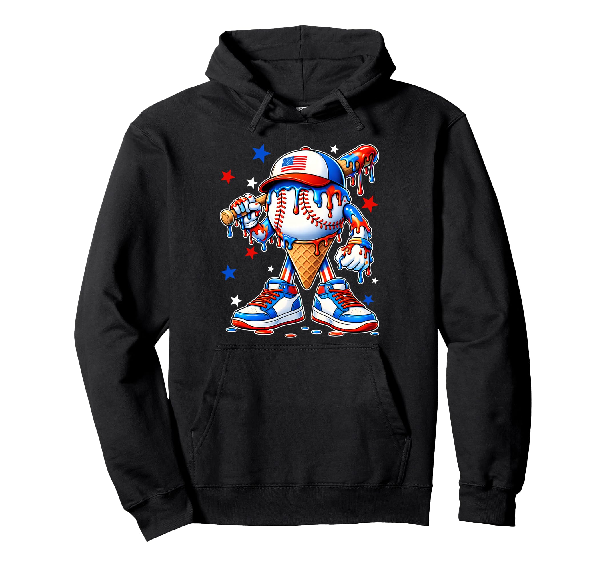 Baseball Usa Flag 4Th July Ice Cream Drip Hoodie - Custom Art Print Unisex - T-Shirt, Sweatshirt, Hoodie