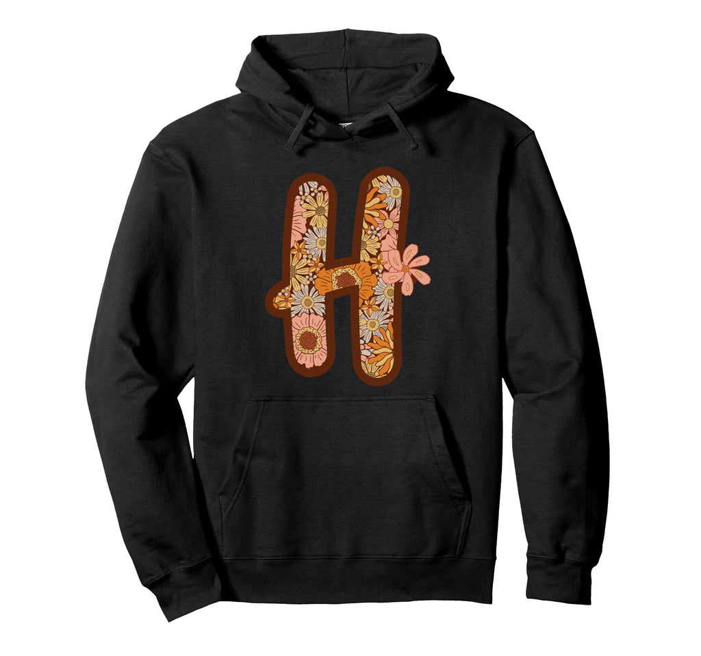 Letter H Initial Floral Monogram Boho Daisy Hoodie - Unique Graphic Unisex - T-Shirt, Sweatshirt, Hoodie