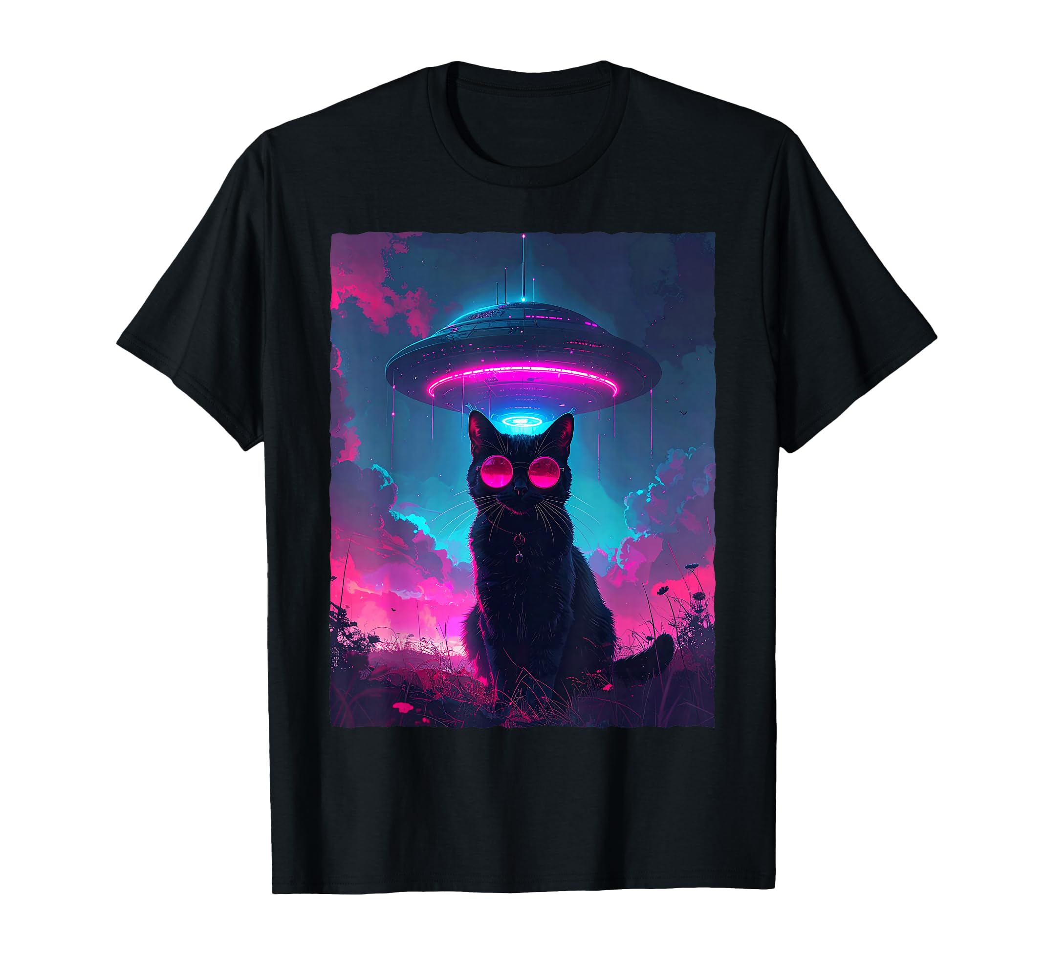 Synthwave Black Cat Ufo Alien T-Shirt - Trendy Graphic for Adults - T-Shirt, Sweatshirt, Hoodie