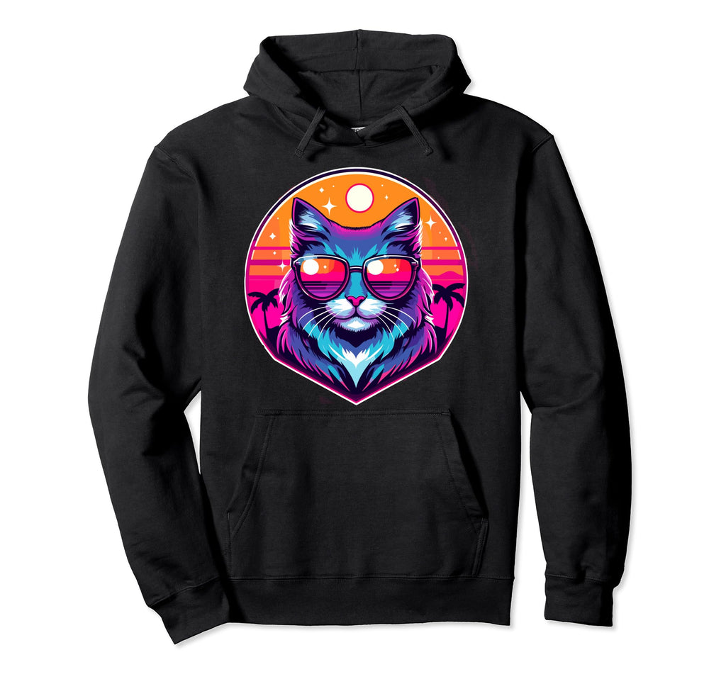 Vaporwave Cat Wearing Sunglasses Hoodie - Casual Everyday Wear Men Women - T-Shirt, Sweatshirt, Hoodie