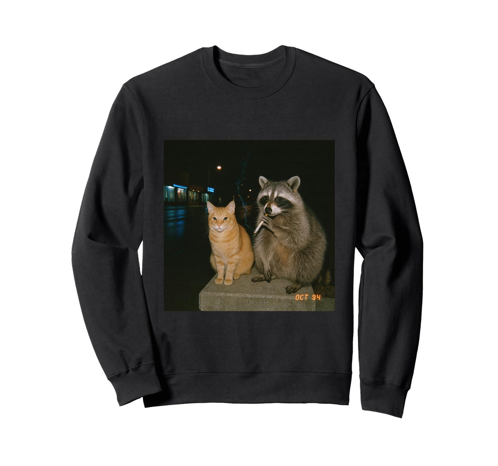 Raccoon Cat Smoking Aesthetic Night Sweatshirt - Trendy Graphic Unisex - T-Shirt, Sweatshirt, Hoodie