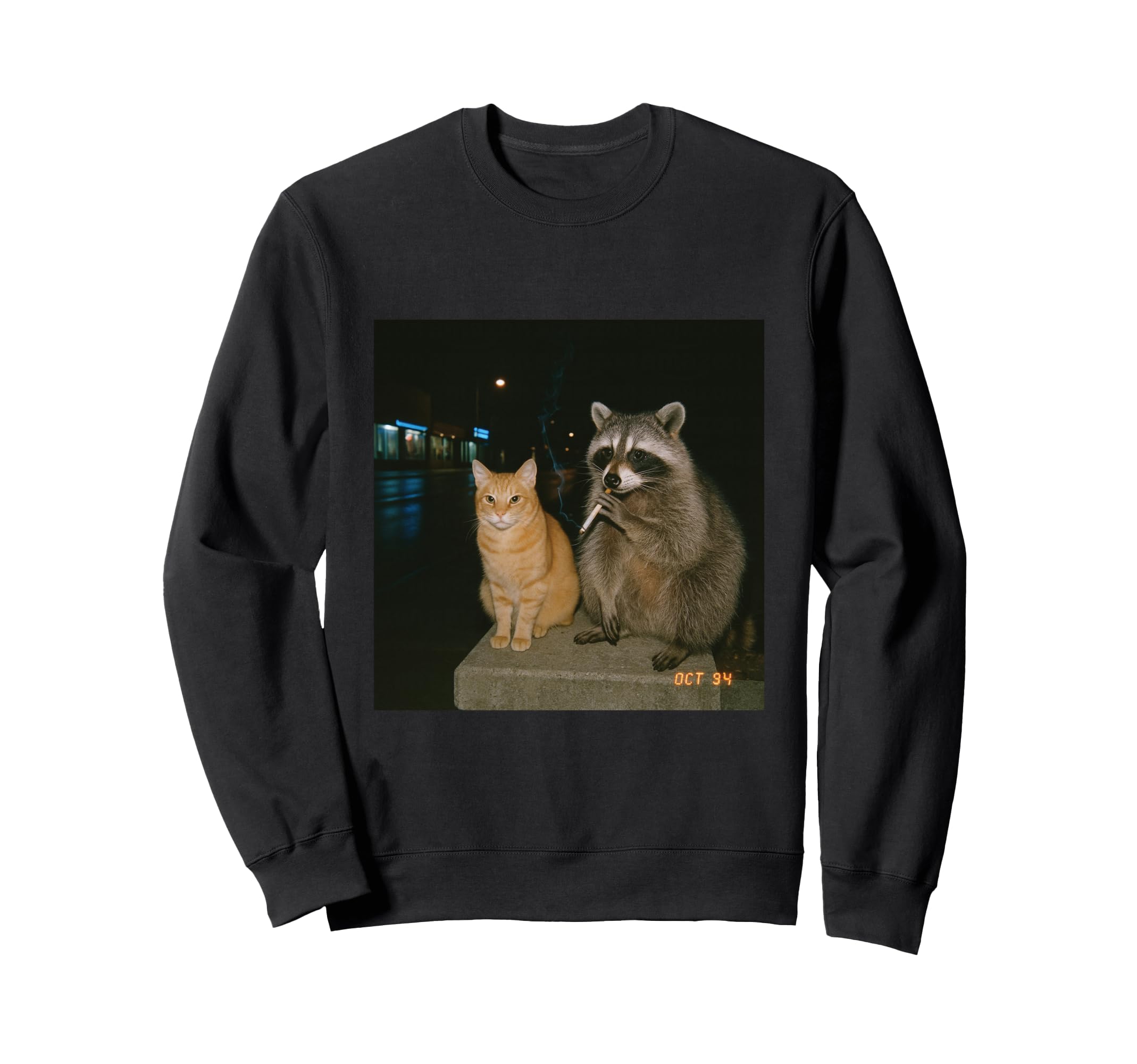 Raccoon Cat Smoking Aesthetic Night Sweatshirt - Trendy Graphic Unisex - T-Shirt, Sweatshirt, Hoodie