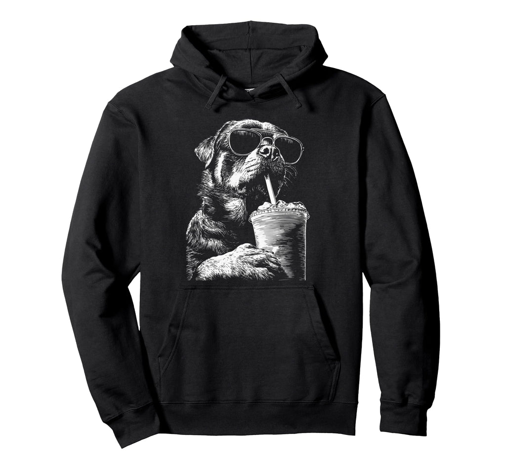Rottweiler Drinking Iced Coffee Funny Hoodie - Unique Graphic for Adults - T-Shirt, Sweatshirt, Hoodie