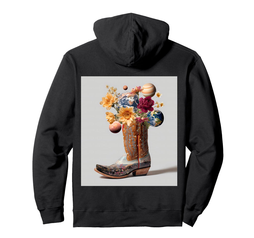 Cowboy Boot Cosmic Planet Floral Hoodie - Minimalist Print for Adults - T-Shirt, Sweatshirt, Hoodie