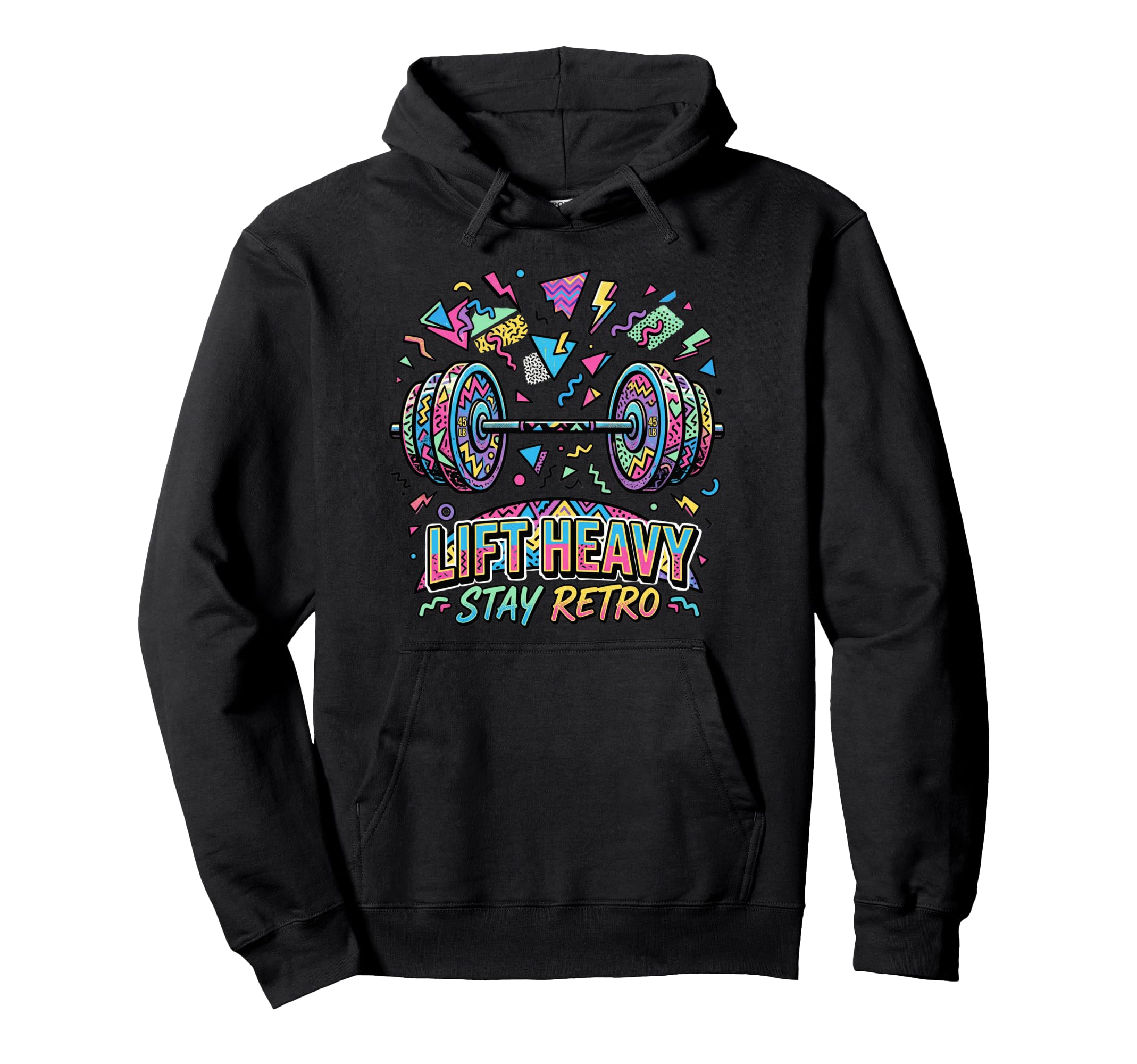 Lift Heavy Stay 90S Memphis Barbell Hoodie - Minimalist Print for Adults - T-Shirt, Sweatshirt, Hoodie