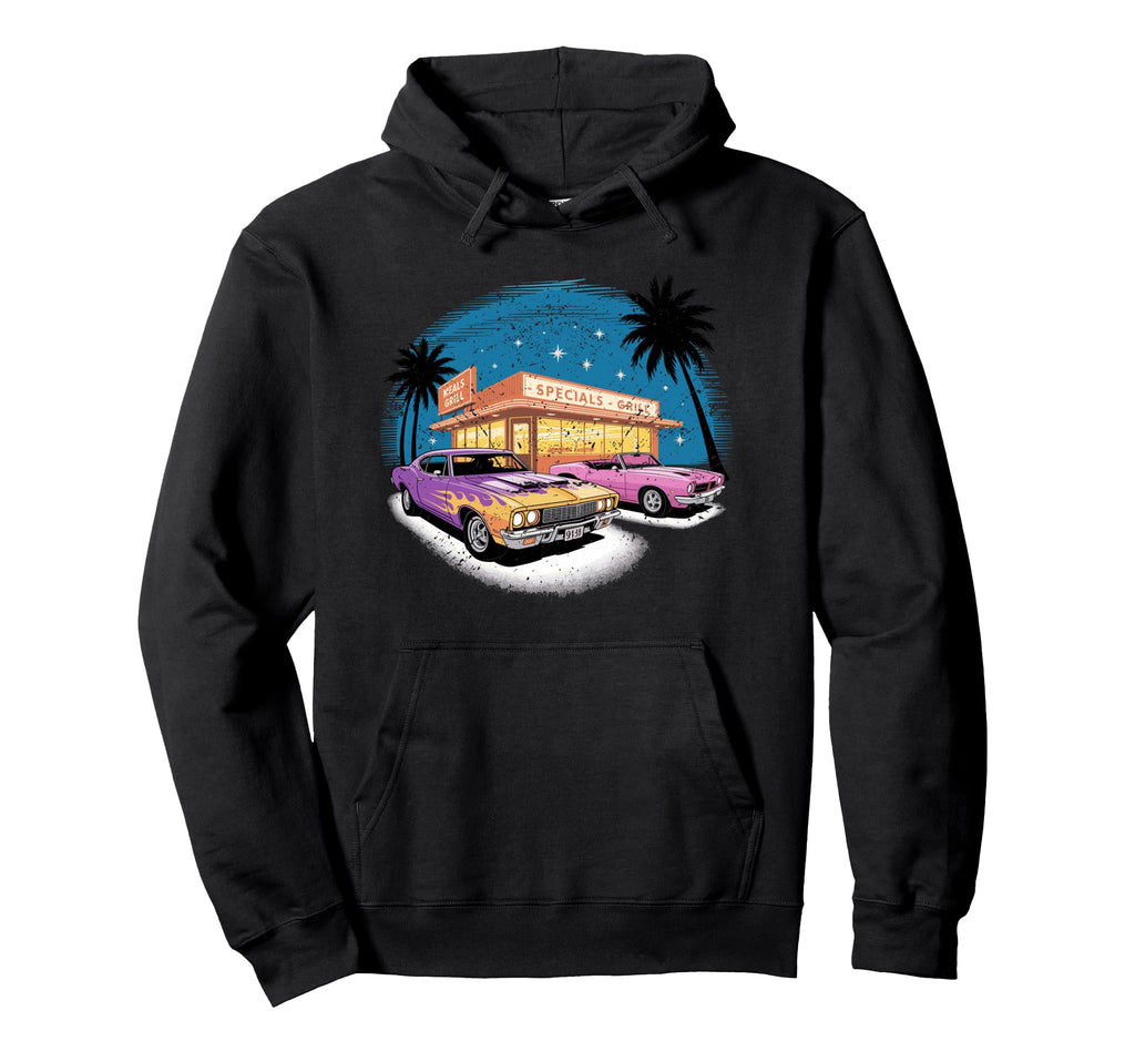 Colorful Muscle Cars Diner Night Scene Hoodie - Custom Art Print Men Women - T-Shirt, Sweatshirt, Hoodie