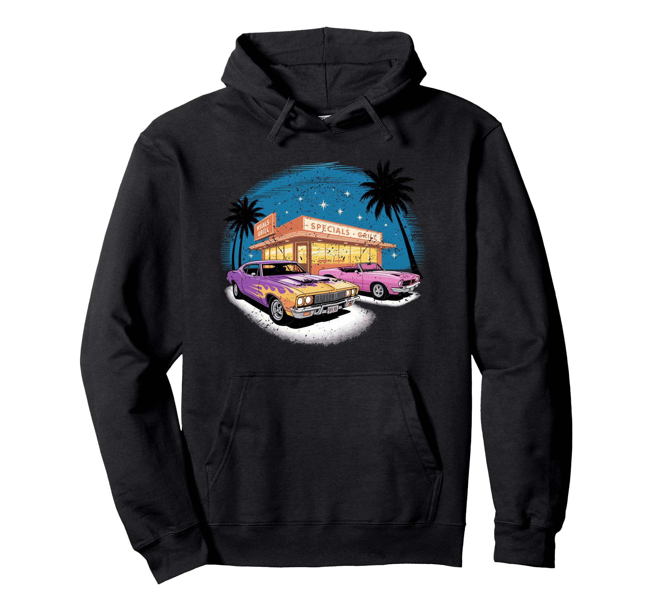 Colorful Muscle Cars Diner Night Scene Hoodie - Custom Art Print Men Women - T-Shirt, Sweatshirt, Hoodie