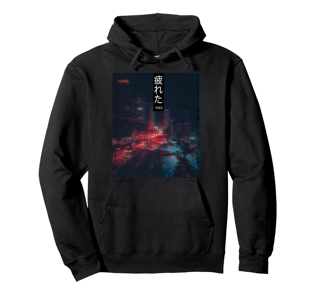 Tired Glitch Aesthetic Japan Vaporwave Hoodie - Graphic Print for Adults - T-Shirt, Sweatshirt, Hoodie