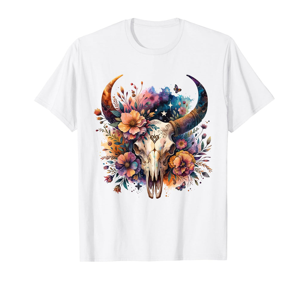 Boho Cow Skull Flowers Art Wild West T-Shirt - Novelty Apparel for Adults - T-Shirt, Sweatshirt, Hoodie