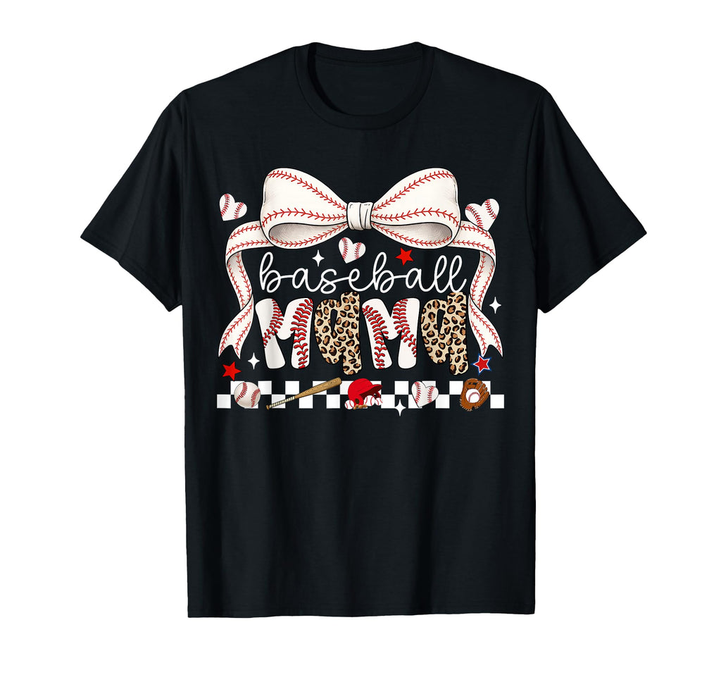Baseball Mama Game Day Leopard Bow Sports T-Shirt - Graphic Print Unisex - T-Shirt, Sweatshirt, Hoodie