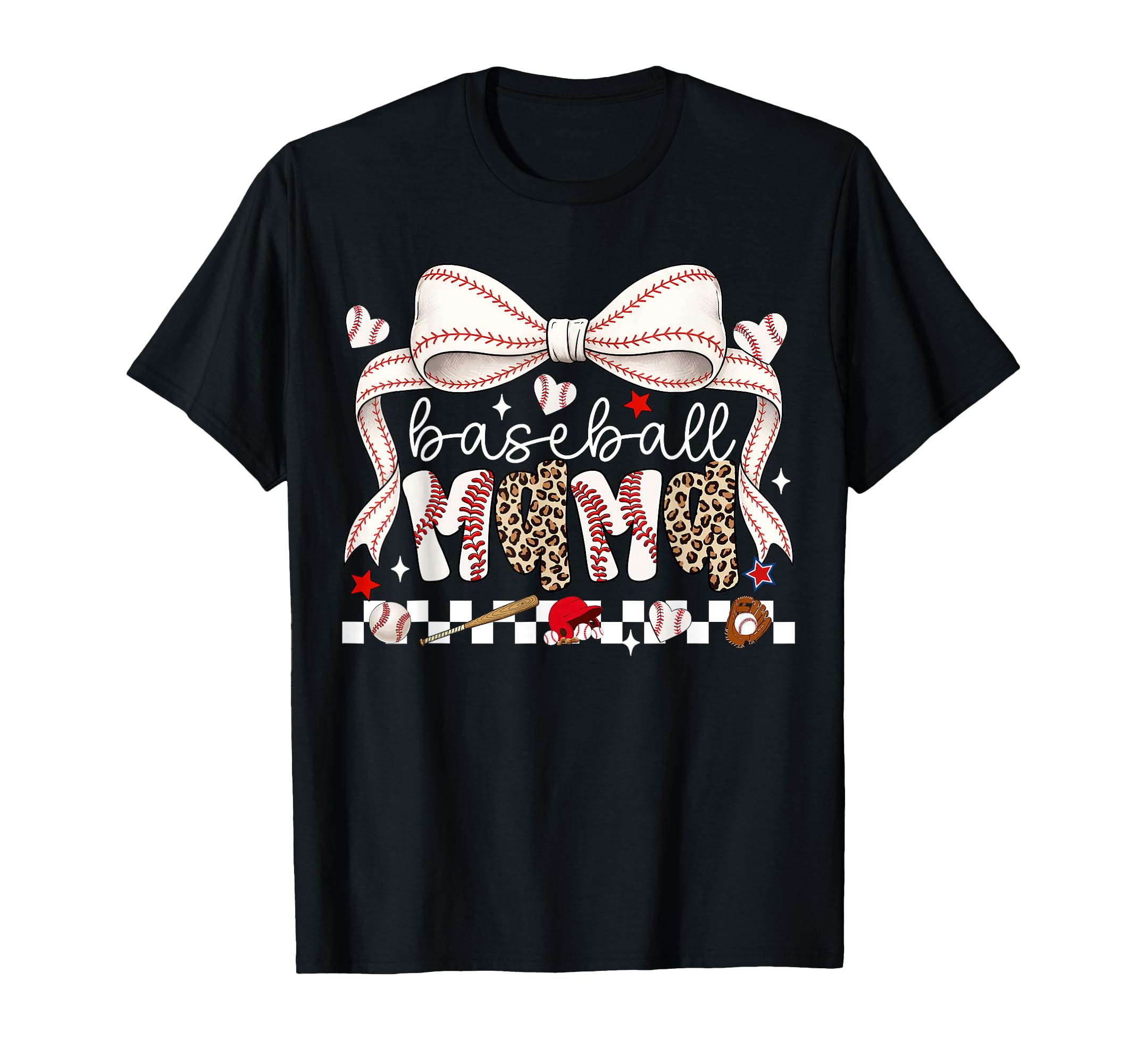 Baseball Mama Game Day Leopard Bow Sports T-Shirt - Graphic Print Unisex - T-Shirt, Sweatshirt, Hoodie