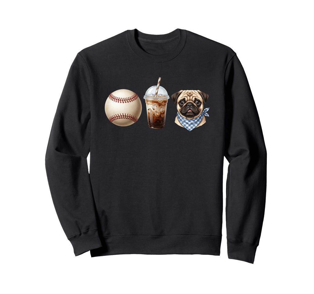 Baseball Iced Coffee Pug Mom Sweatshirt - Unique Graphic for Adults - T-Shirt, Sweatshirt, Hoodie