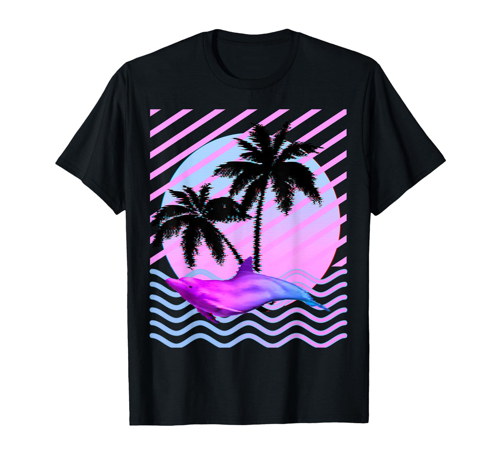 Palm Tree And Vaporwave Dolphin T-Shirt - Custom Art Print Men Women - T-Shirt, Sweatshirt, Hoodie