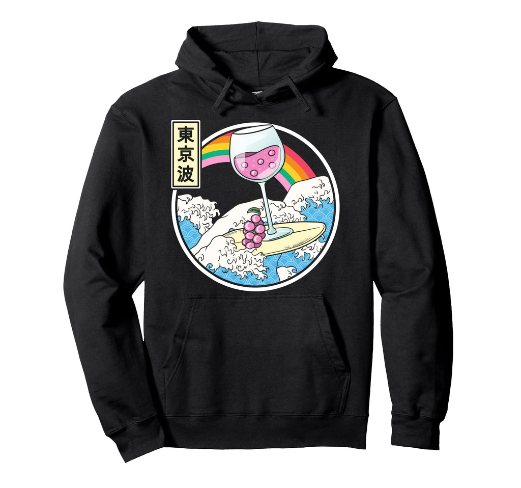 Surfing Wine Glass Japan Waves Kawaii Hoodie - Custom Art Print Men Women - T-Shirt, Sweatshirt, Hoodie