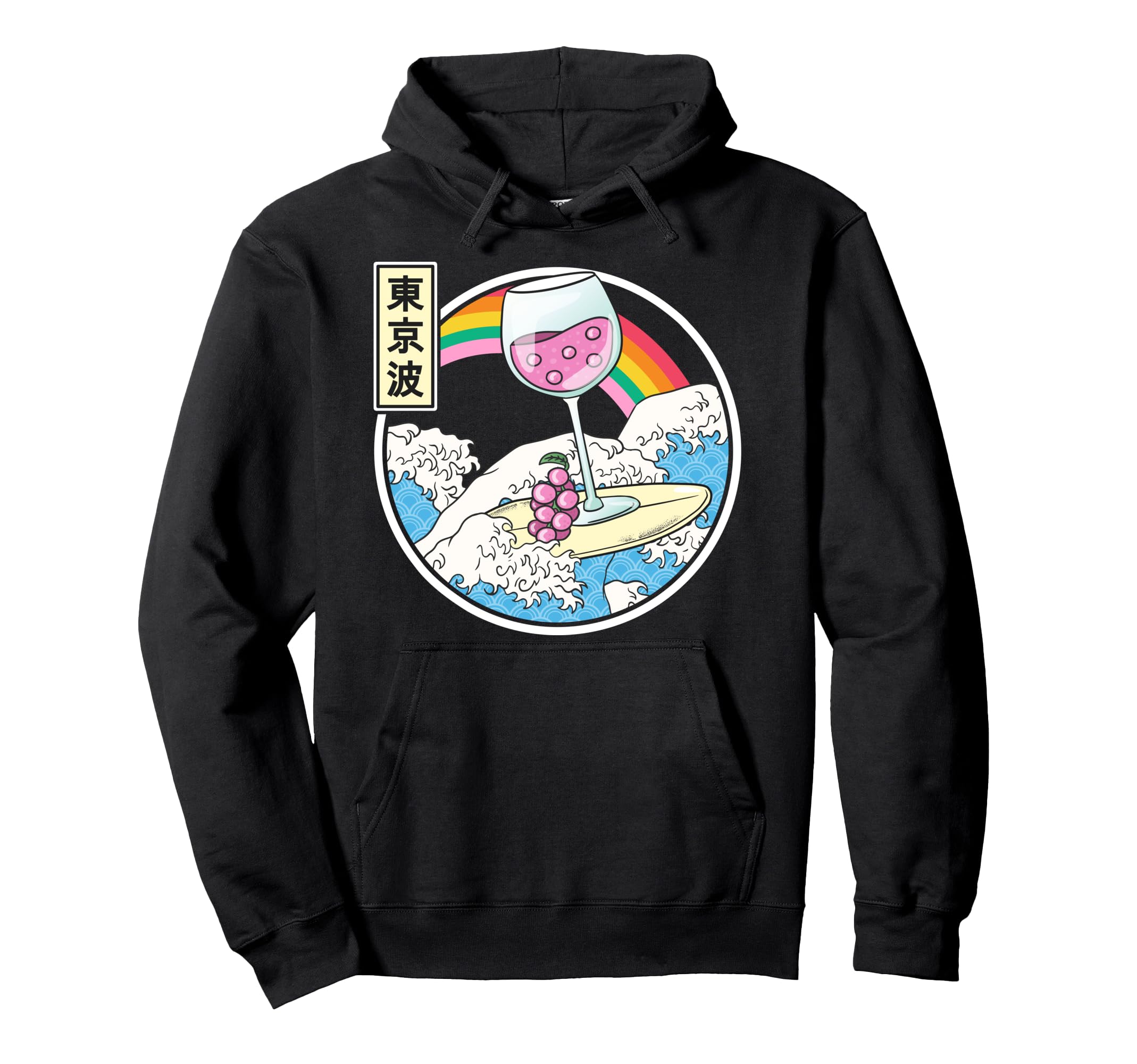 Surfing Wine Glass Japan Waves Kawaii Hoodie - Custom Art Print Men Women - T-Shirt, Sweatshirt, Hoodie