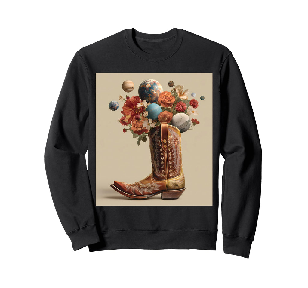 Cowboy Boot Cosmic Floral Planet Sweatshirt - Minimalist Print Unisex - T-Shirt, Sweatshirt, Hoodie