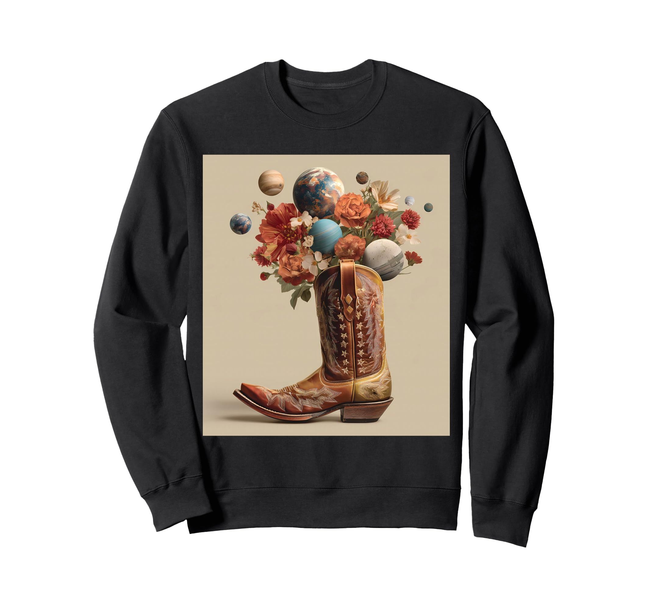 Cowboy Boot Cosmic Floral Planet Sweatshirt - Minimalist Print Unisex - T-Shirt, Sweatshirt, Hoodie