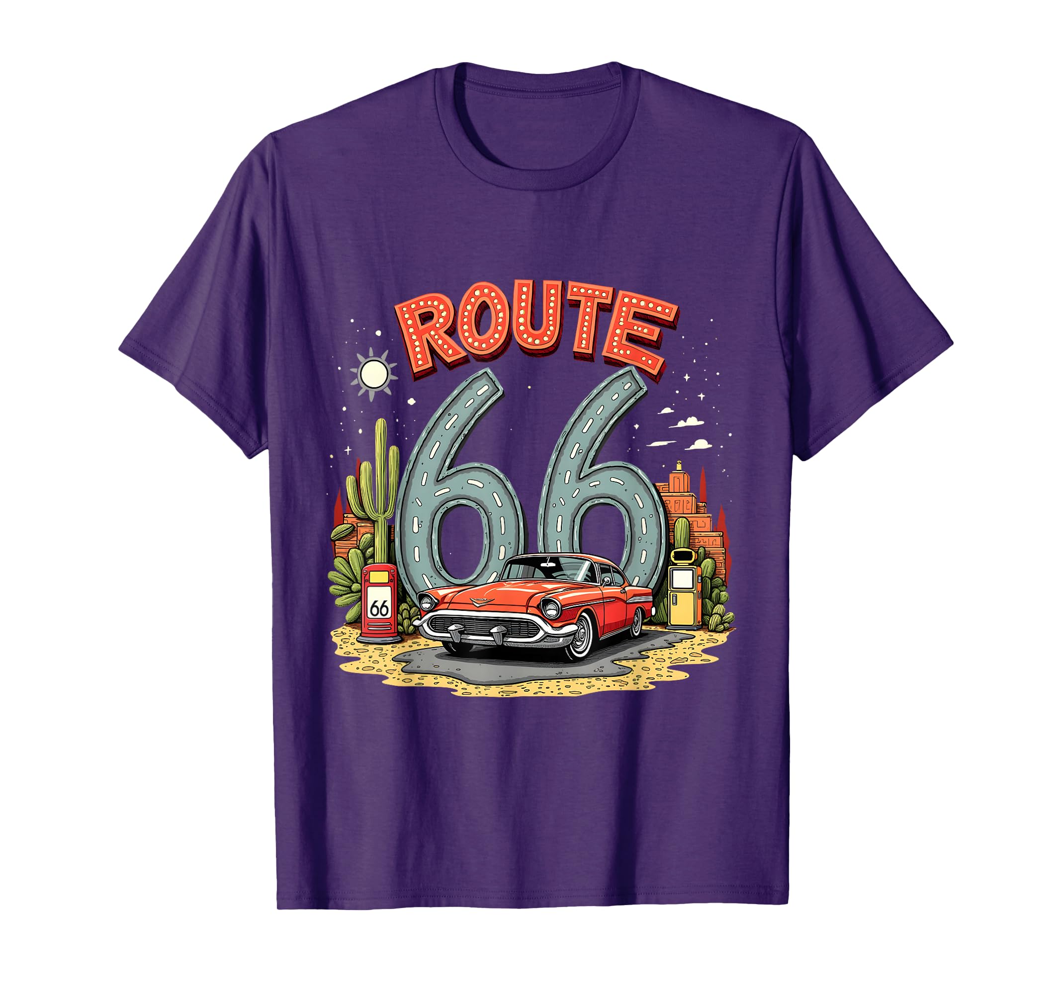 Desert Road Trip Route 66 Red Car T-Shirt - Casual Everyday Wear Men Women - T-Shirt, Sweatshirt, Hoodie
