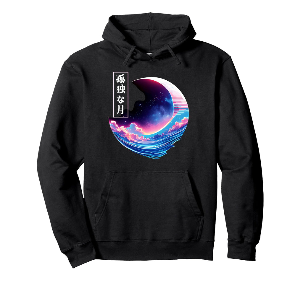 Lonely Night Sky Crescent Moon Wave Hoodie - Trendy Graphic Men Women - T-Shirt, Sweatshirt, Hoodie