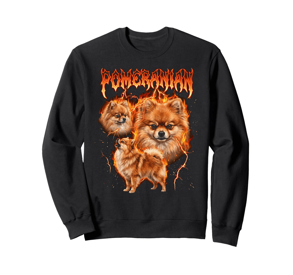 Pomeranian 80S 90S Heavy Metal Flames Sweatshirt - Unique Graphic Unisex - T-Shirt, Sweatshirt, Hoodie
