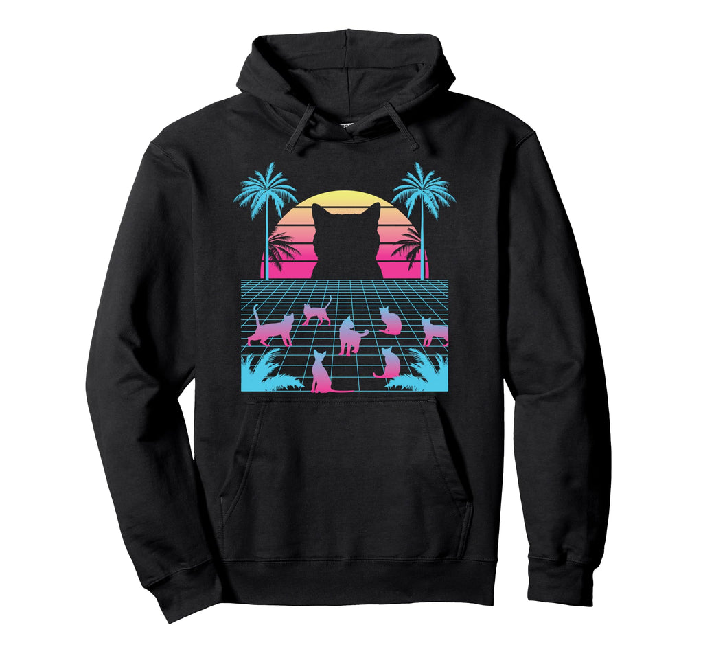 Vaporwave Cats Palm Trees Aesthetic Hoodie - Unique Graphic Unisex - T-Shirt, Sweatshirt, Hoodie