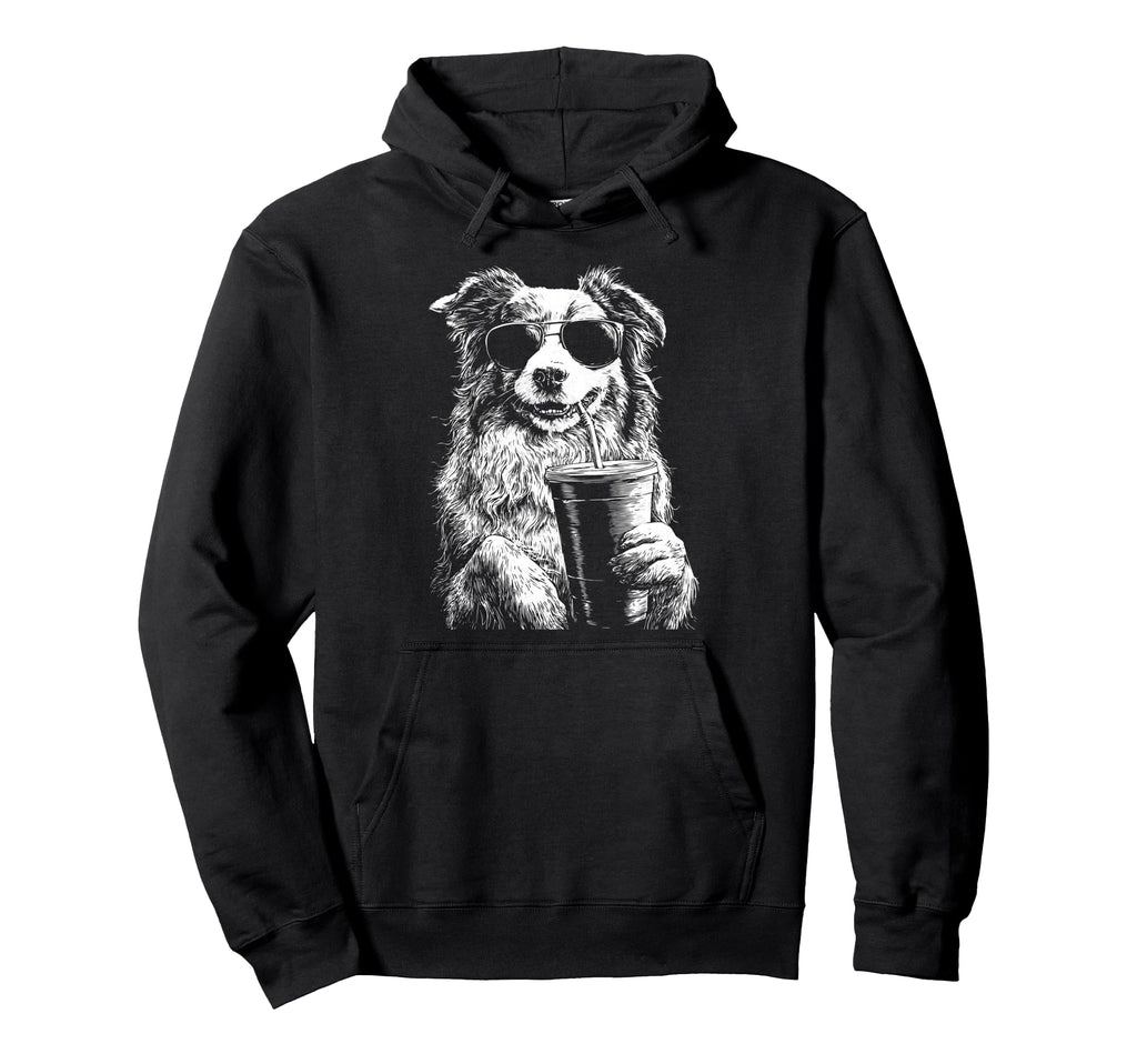 Australian Shepherd Drinking Iced Coffee Hoodie - Custom Art Print Unisex - T-Shirt, Sweatshirt, Hoodie