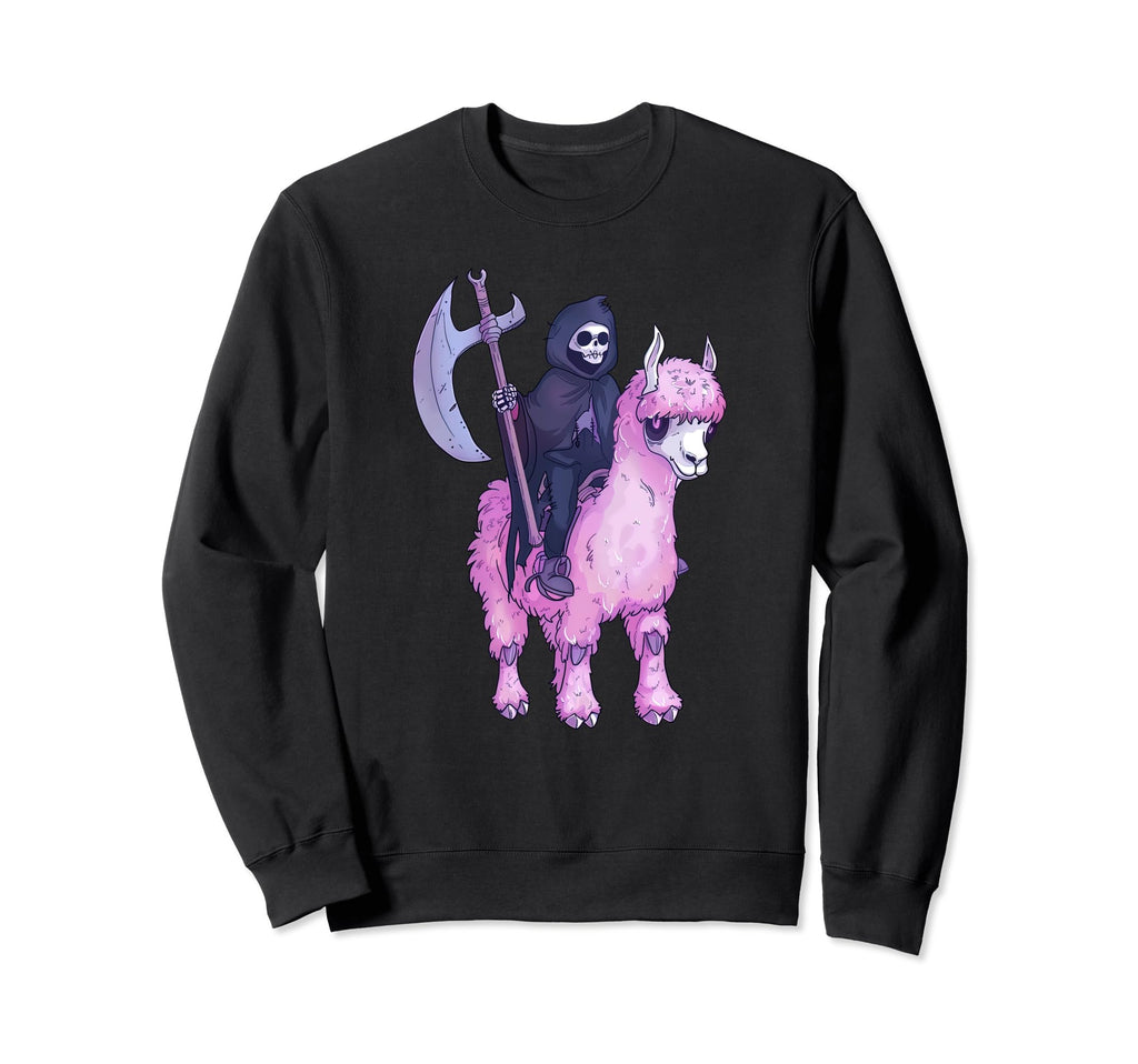 Grim Reaper Riding Llama Kawaii Sweatshirt - Minimalist Print for Adults - T-Shirt, Sweatshirt, Hoodie