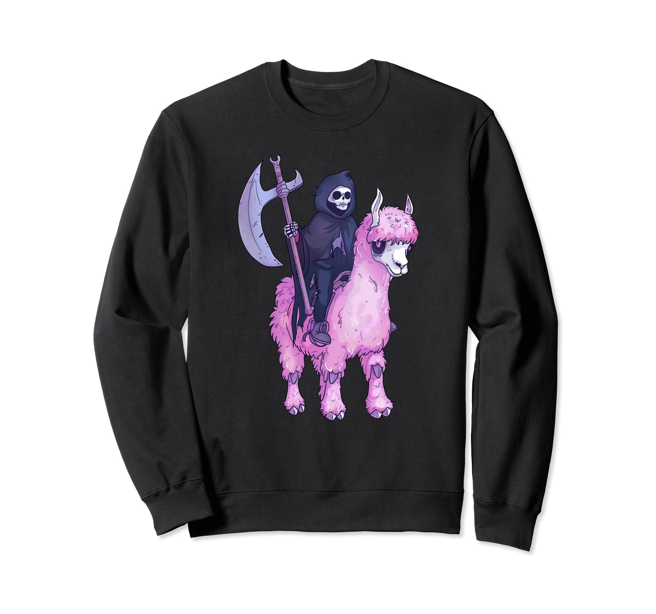 Grim Reaper Riding Llama Kawaii Sweatshirt - Minimalist Print for Adults - T-Shirt, Sweatshirt, Hoodie