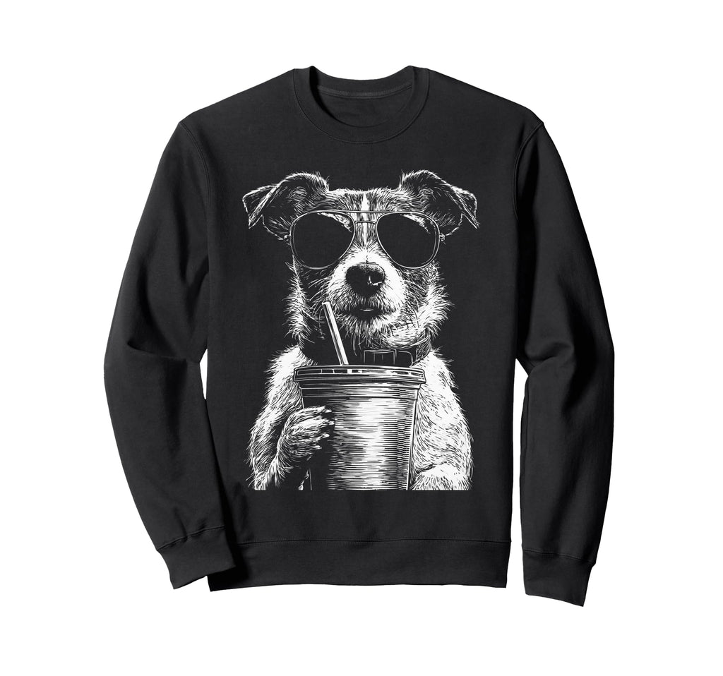 Jack Russell Drinking Iced Coffee Sweatshirt - Custom Art Print for Adults - T-Shirt, Sweatshirt, Hoodie