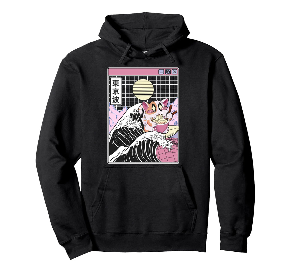 Happy Cat Eating Ramen Surfing Kanagawa Hoodie - Unique Graphic Men Women - T-Shirt, Sweatshirt, Hoodie