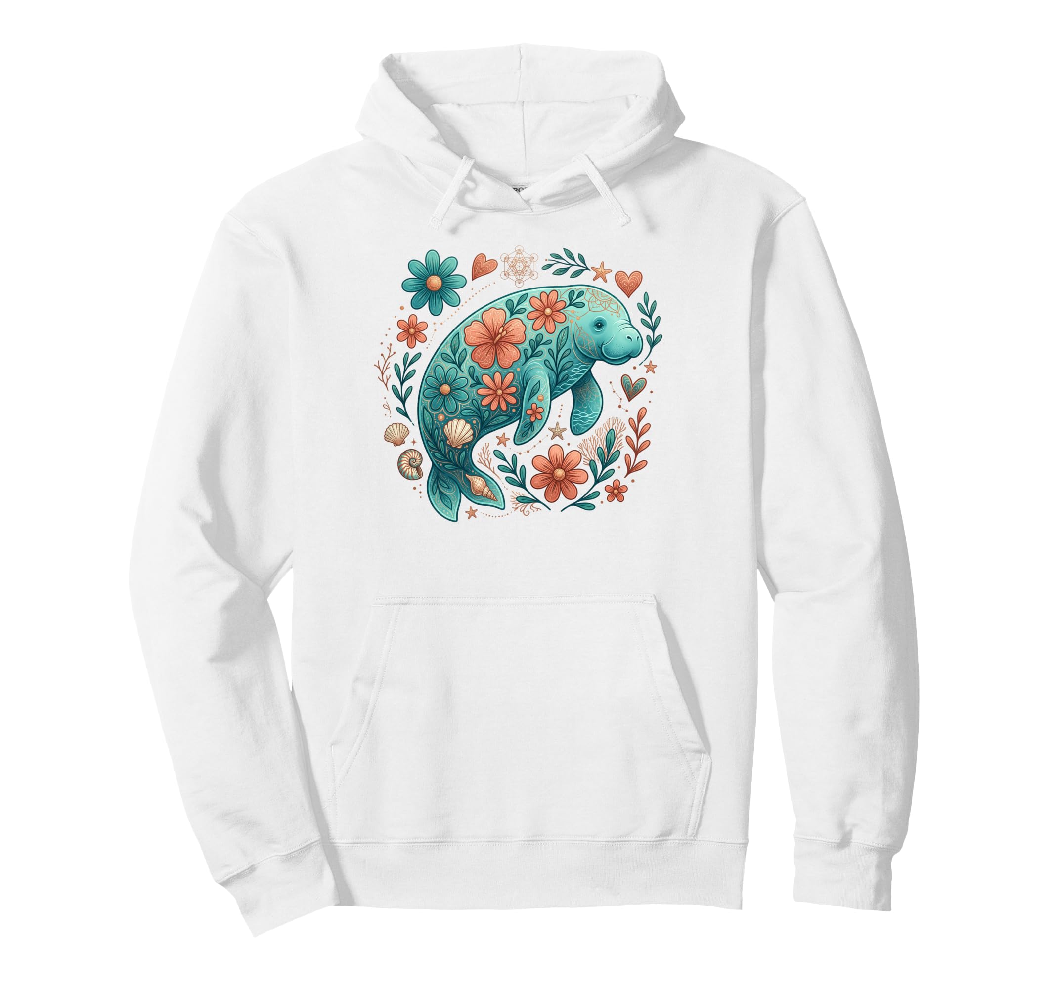 Floral Boho Manatee Summer Coastal Hoodie - Fun Novelty Design for Adults - T-Shirt, Sweatshirt, Hoodie