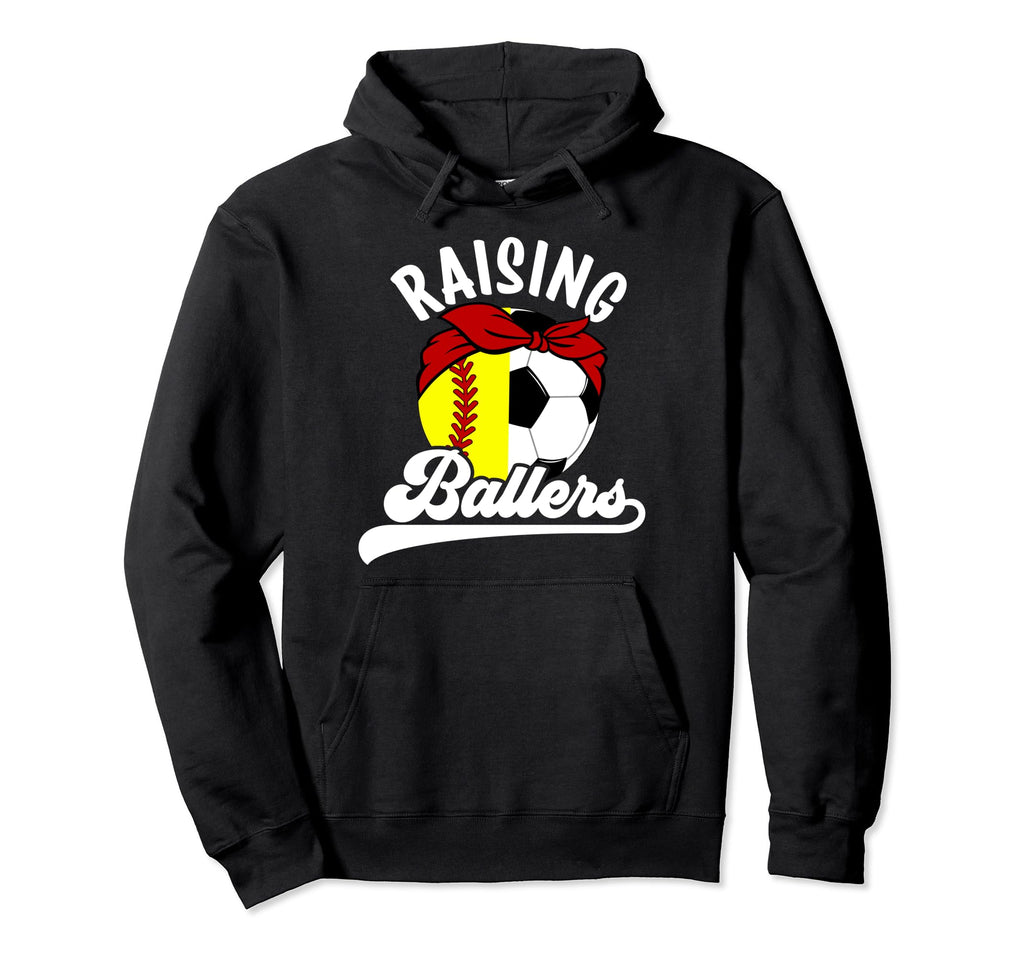 Raising Ballers Soccer Softball Mom Hoodie - Unique Graphic for Adults - T-Shirt, Sweatshirt, Hoodie