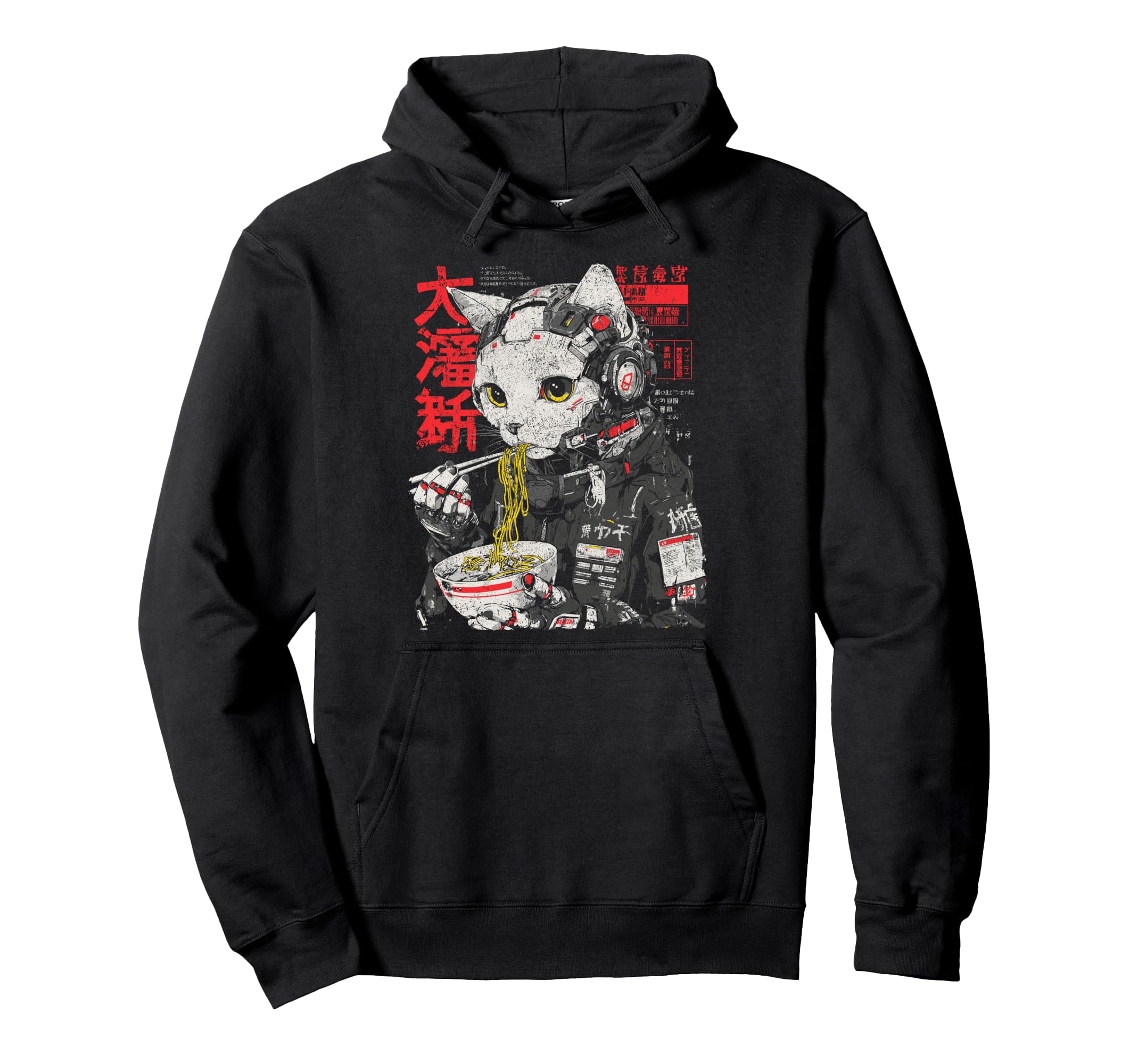 Japanese Streetwear Cat Eats Ramen Hoodie - Minimalist Print Unisex - T-Shirt, Sweatshirt, Hoodie