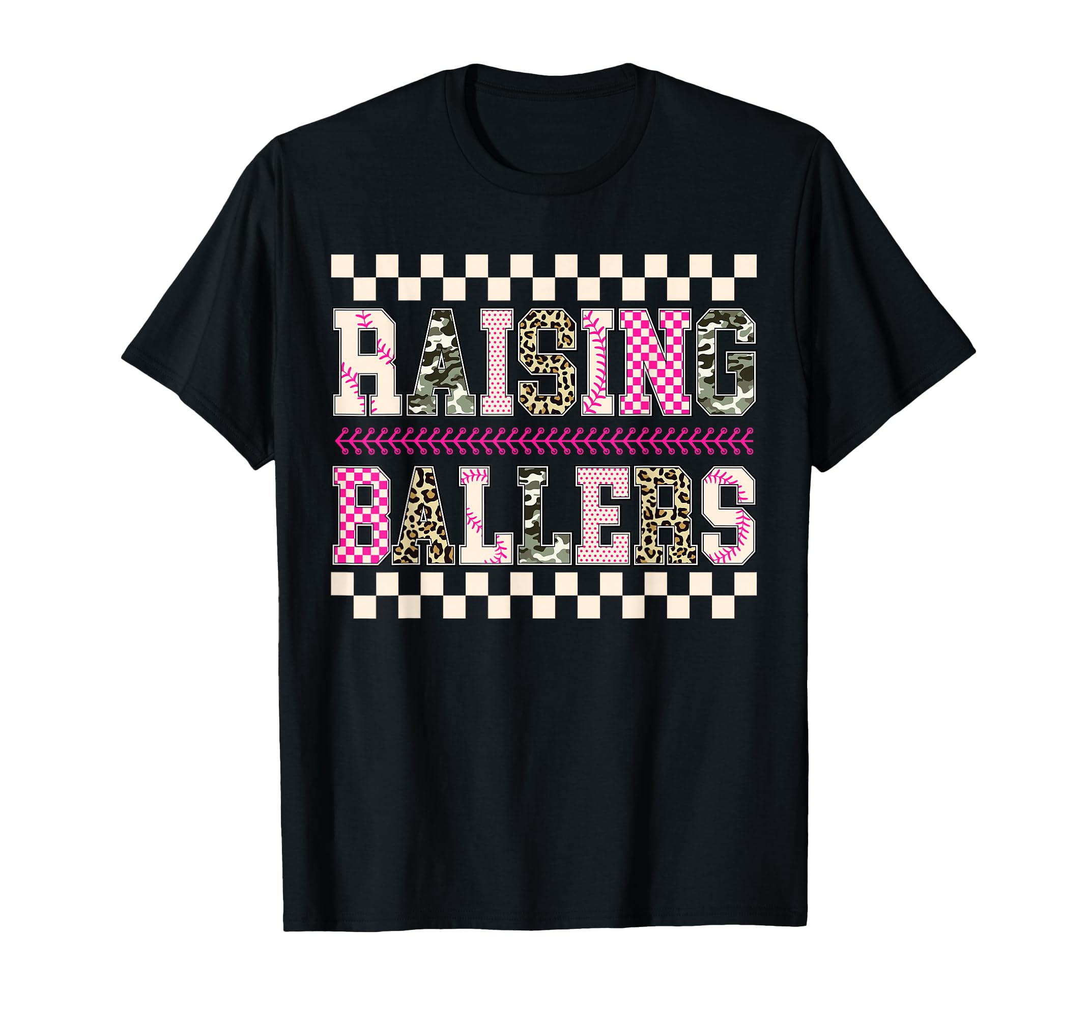 Checkered Raising Ballers Funny Mom Baseball T-Shirt - Graphic Print Unisex - T-Shirt, Sweatshirt, Hoodie