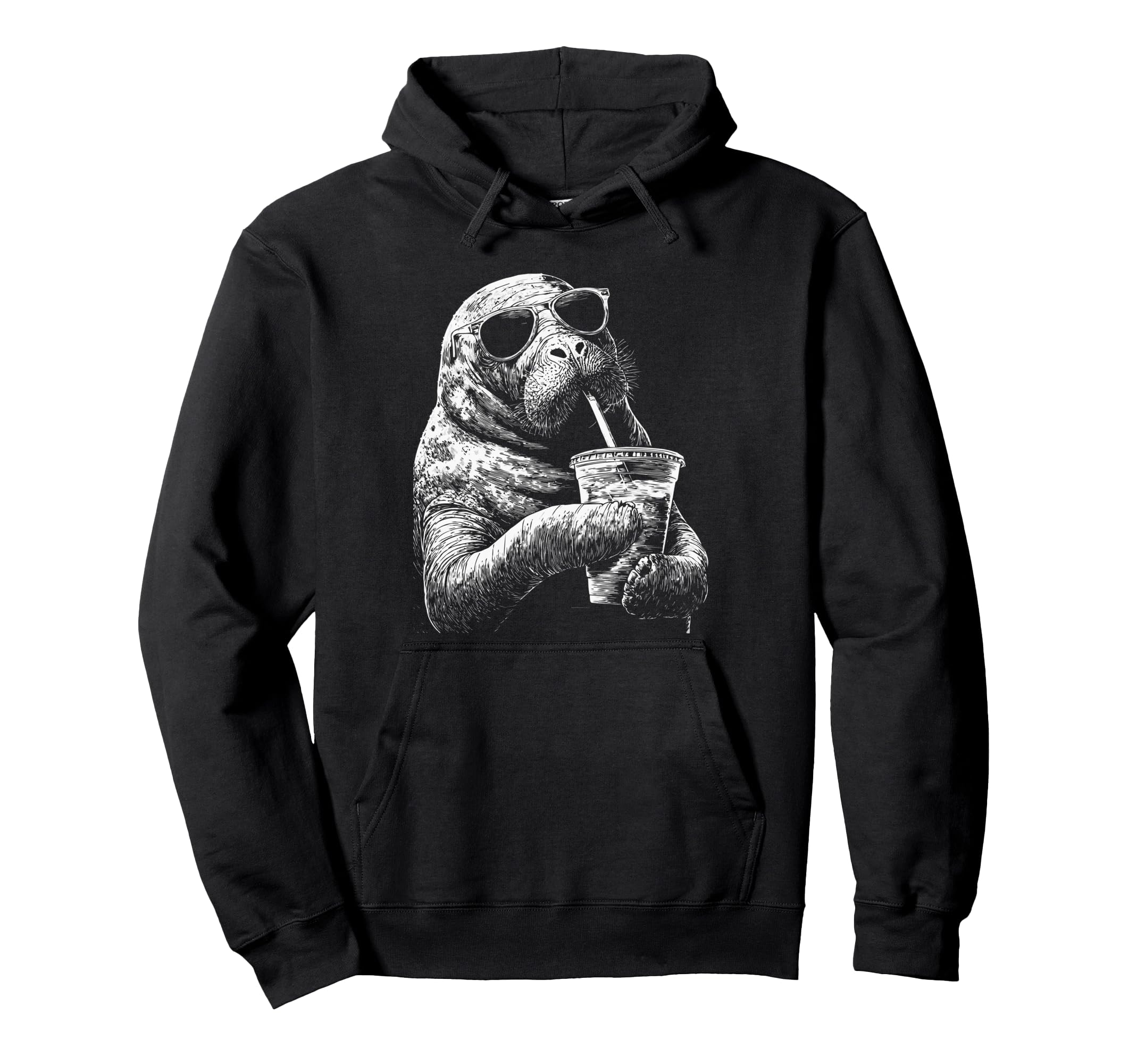 Manatee Drinking Iced Coffee Funny Hoodie - Aesthetic Graphic Men Women - T-Shirt, Sweatshirt, Hoodie
