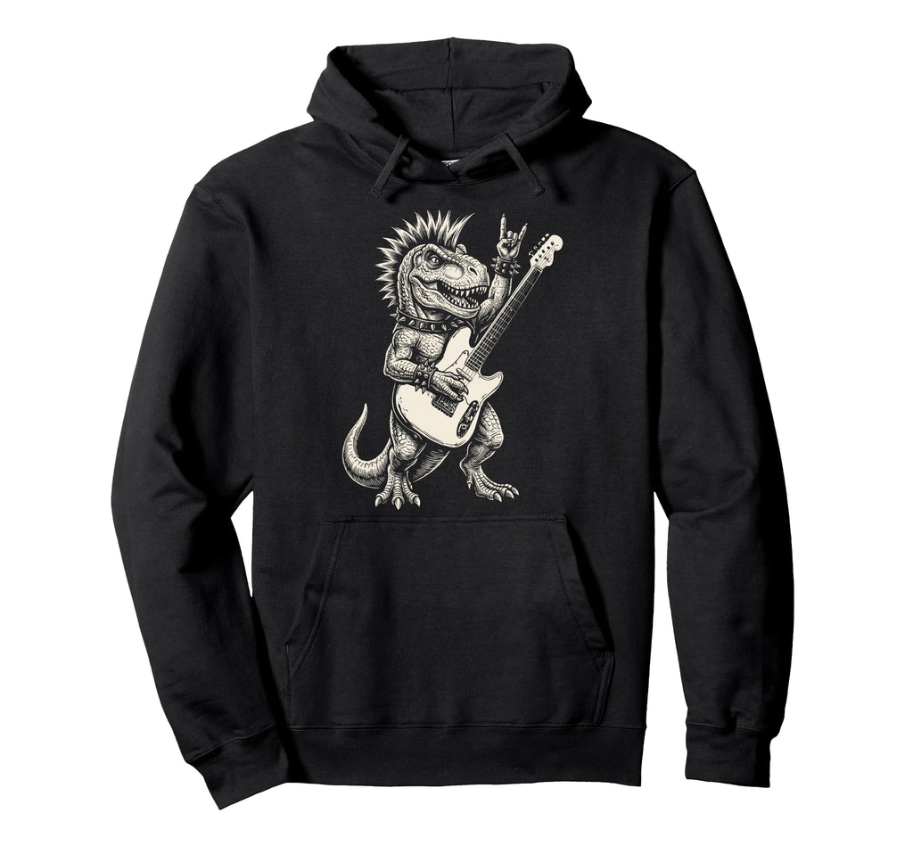 Funny T Rex Dino Playing Guitar Rock And Hoodie - Novelty Apparel Unisex - T-Shirt, Sweatshirt, Hoodie