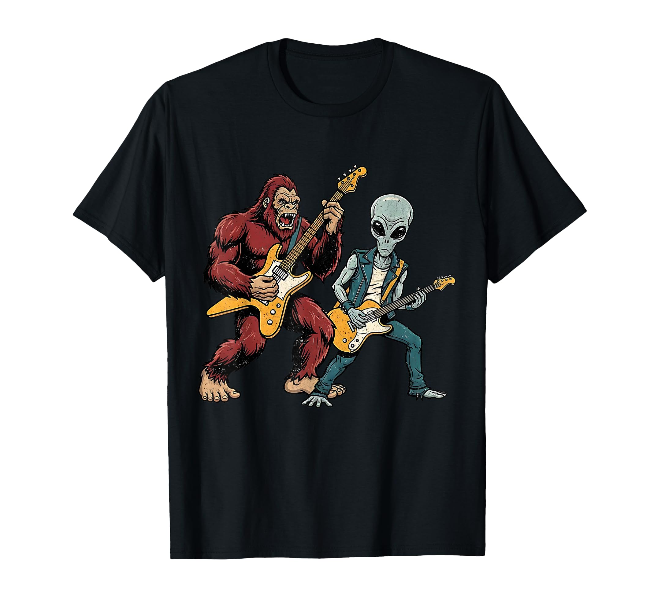 Funny Bigfoot And Alien Playing Guitar T-Shirt - Graphic Print Men Women - T-Shirt, Sweatshirt, Hoodie