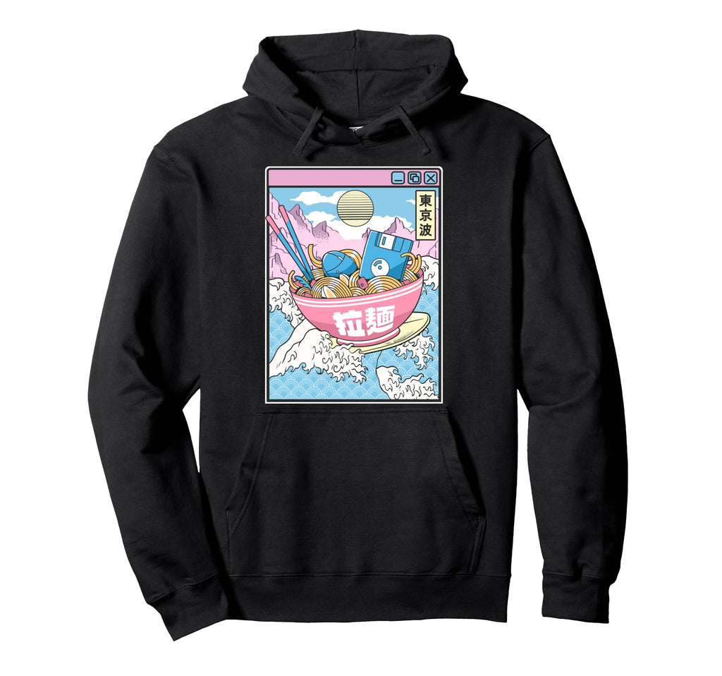 Digital Ramen Bowl Surfing Japanese Hoodie - Aesthetic Graphic for Adults - T-Shirt, Sweatshirt, Hoodie