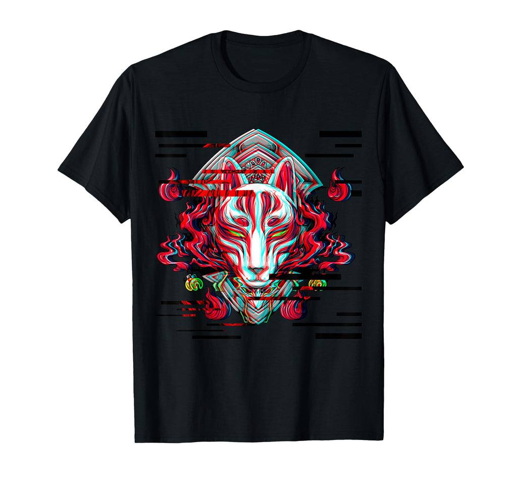 Kitsune Mask Glitch Anime Aesthetic T-Shirt - Novelty Apparel for Adults - T-Shirt, Sweatshirt, Hoodie