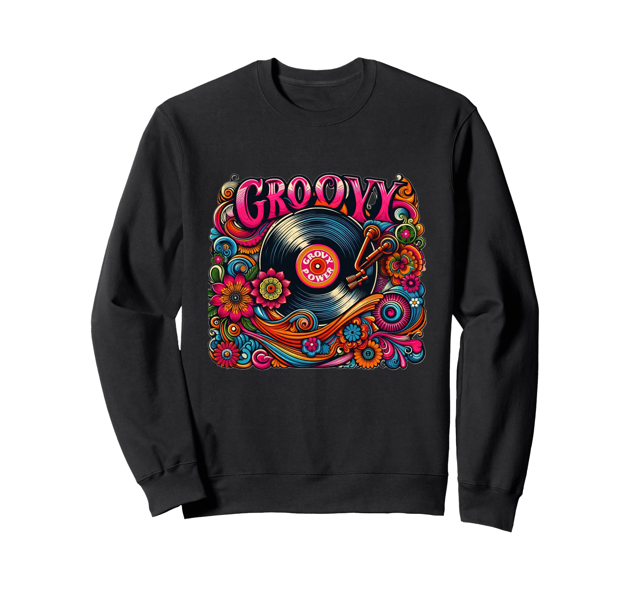 Groovy Vinyl Record 70S Flower Art Sweatshirt - Graphic Print for Adults - T-Shirt, Sweatshirt, Hoodie