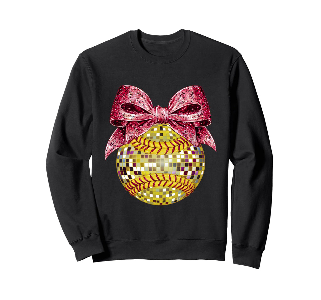 Coquette Bow Disco Ball Softball Player Sweatshirt - Graphic Print Unisex - T-Shirt, Sweatshirt, Hoodie