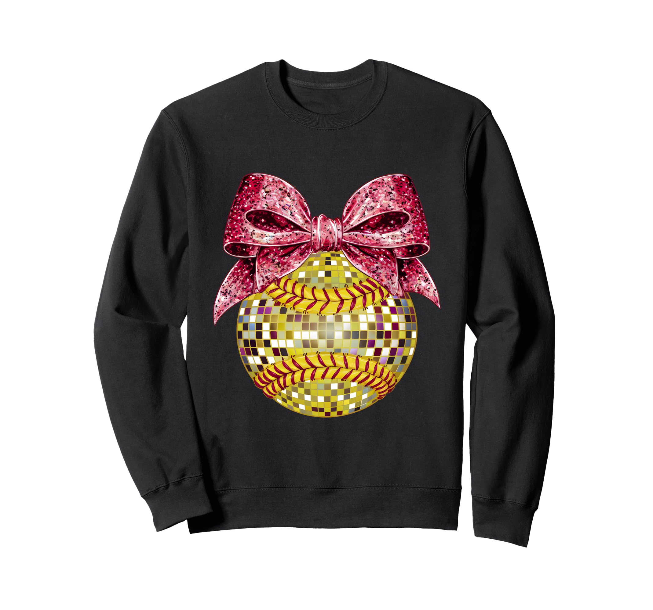 Coquette Bow Disco Ball Softball Player Sweatshirt - Graphic Print Unisex - T-Shirt, Sweatshirt, Hoodie