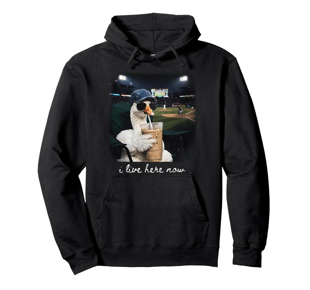 Goose Drinking Iced Coffee Baseball Field Hoodie - Streetwear Style Unisex - T-Shirt, Sweatshirt, Hoodie