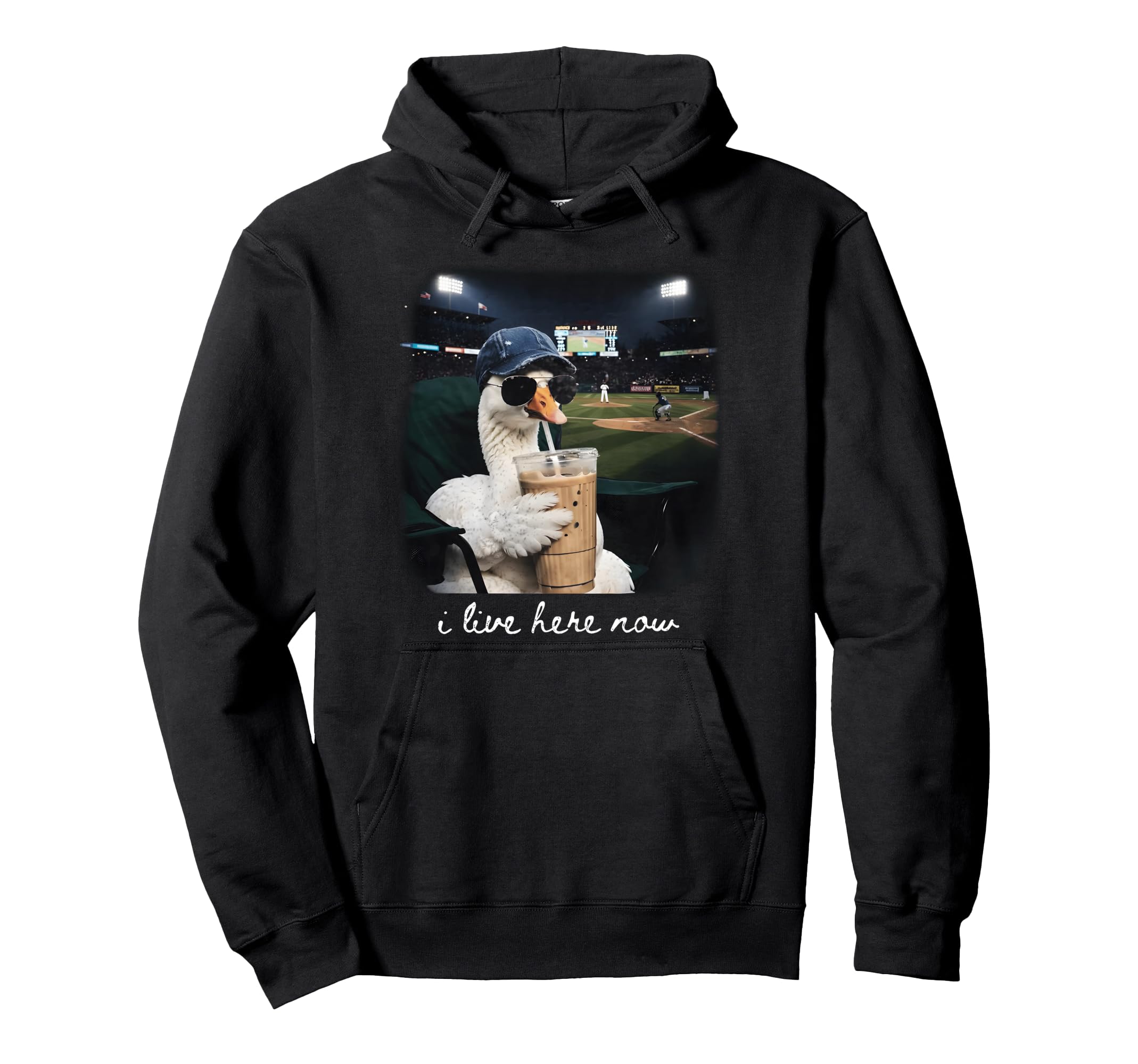 Goose Drinking Iced Coffee Baseball Field Hoodie - Streetwear Style Unisex - T-Shirt, Sweatshirt, Hoodie