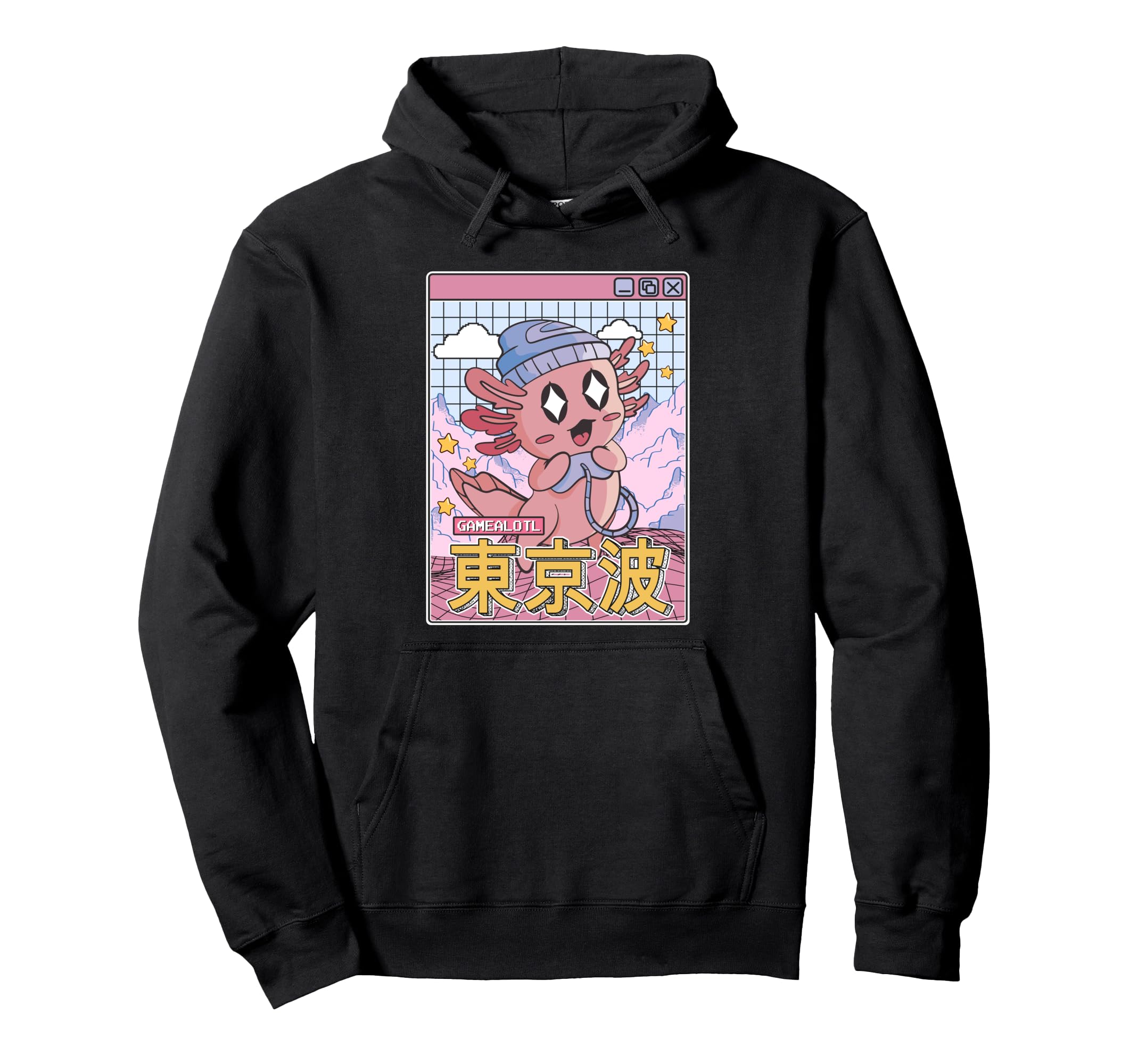 Happy Axolotl Gaming Vaporwave Aesthetic Hoodie - Graphic Print for Adults - T-Shirt, Sweatshirt, Hoodie