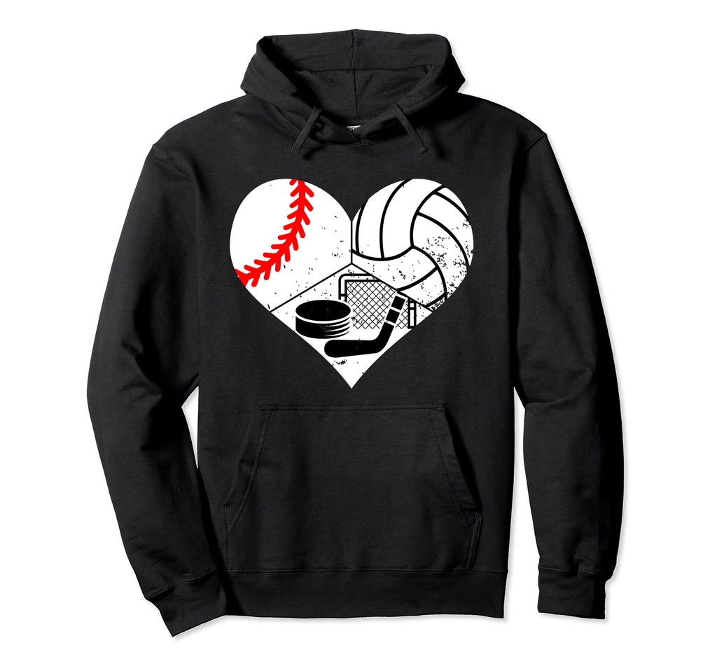Baseball Volleyball Hockey Heart Funny Hoodie - Unique Graphic Men Women - T-Shirt, Sweatshirt, Hoodie
