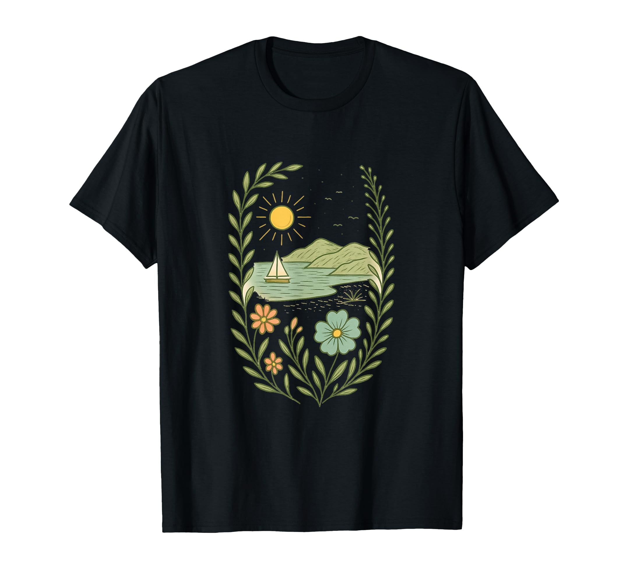 Sailboat Beach Boho Floral Summer Nature T-Shirt - Unique Graphic Men Women - T-Shirt, Sweatshirt, Hoodie