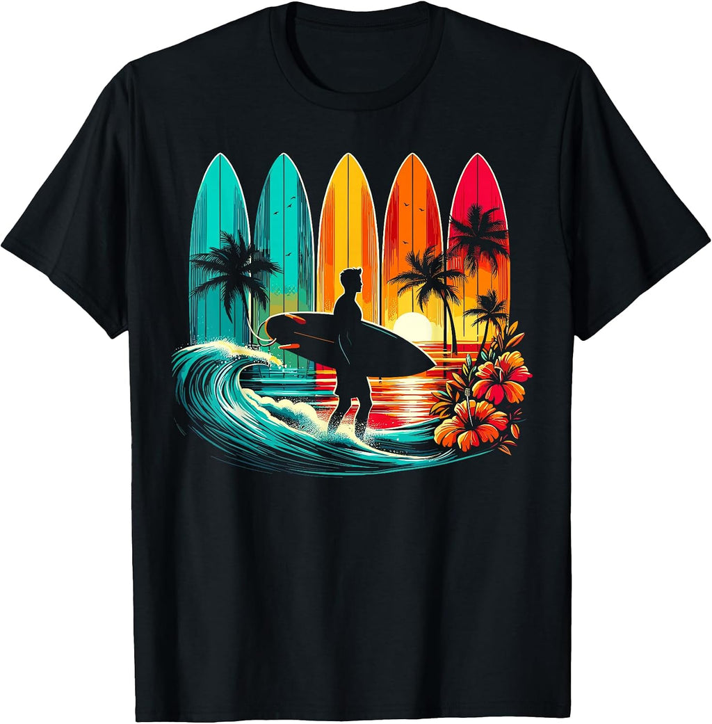 Tropical Surf Sunset Silhouette Surfboards - Adult & Kids T-Shirts, Sweatshirts & Hoodies apparel design preview 1