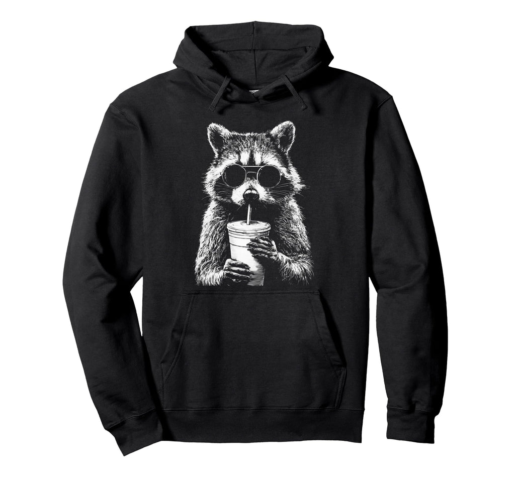 Raccoon Drinking Iced Coffee Funny Hoodie - Fun Novelty Design for Adults - T-Shirt, Sweatshirt, Hoodie